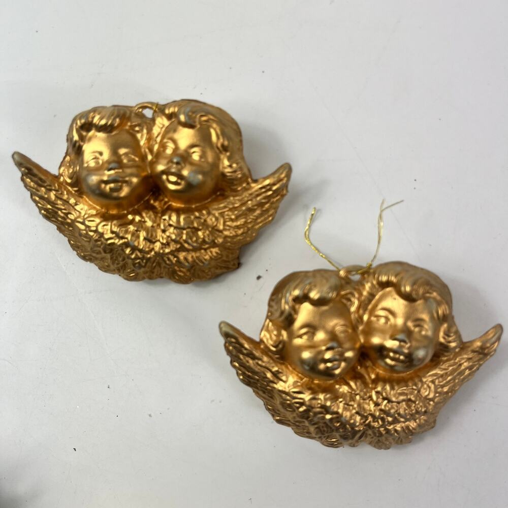 Vintage Gold Twin Cherub Angel Ornaments Pair 4.5" Molded Plastic Hanging Décor